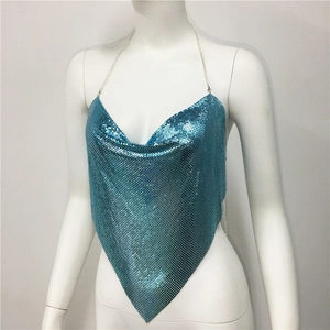 Detailed close-up of light blue metallic sequin mesh halter top with thin chain