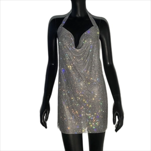 Sparkly silver rhinestone halter mini dress with metallic chainmail for parties