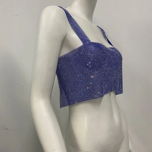Detailed view of the sparkling blue rhinestone metal mesh crop top for women