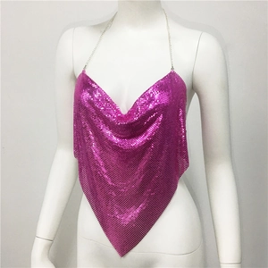 Detail of metallic sequin halter top featuring a deep V-neck and a pointed triangle hemline