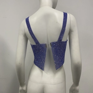 Detail view of sparkly blue sequin crop top with metallic chain buckle back closure