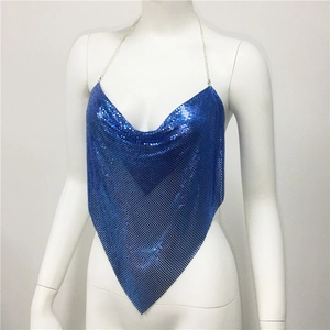 Detailed view of the bright blue metallic chainmail sequins and silver chain neck strap