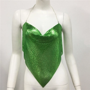 Detail of green sequin halter top with metallic mesh texture and delicate chain straps