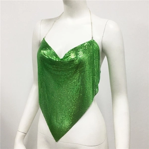 Detail shot of shimmering green metal sequins and v-neck halter chain design