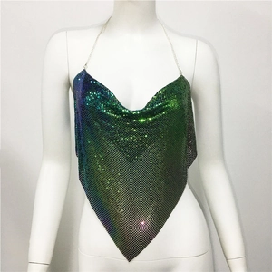 Detail of holographic sequin halter top featuring blue-purple gradient metallic scales