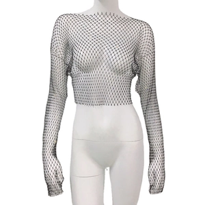 Sexy black fishnet long sleeve crop top with colorful rhinestones for clubwear