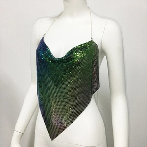 Detail of shimmering gradient metal sequin mesh on a halter party crop top backless style