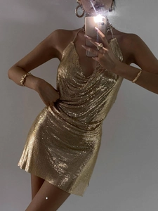 Robe Mini Sexy en Maille Métallique Dos Nu Col Halter Paillettes Brillantes Tenue de Fête Boîte de Nuit Rave pour Femmes