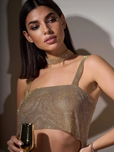 Sexy Rhinestone Metal Mesh Crop Top For Women Sparkly Sequin Backless Camisole Party Nightclub Tank Top With Neck Chain