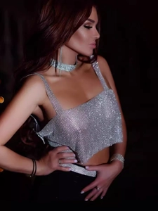 Sparkly silver rhinestone sequin crop top with matching choker and jewelry set