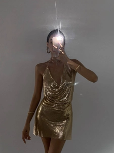 Robe dos nu sexy à paillettes dorées avec col en V profond pour fête et boîte de nuit