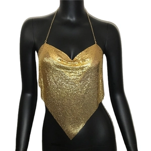 Fashionable gold metallic sequin halter top with a plunging V-neck for clubwear and parties