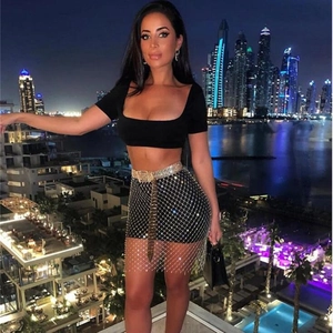 Sexy black mesh rhinestone mini skirt set with square neck crop top and wide belt