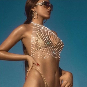 Sexy rhinestone mesh halter top with crystal embellishments for summer party or beachwear