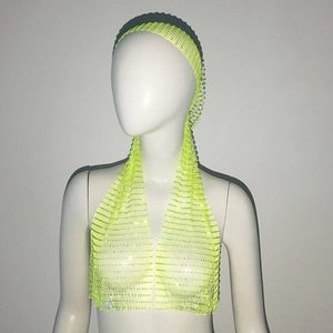 Detail of neon green mesh headscarf with sparkling rhinestones for party wear