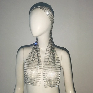 Detail view of silver rhinestone mesh headscarf with sparkling crystal grid texture