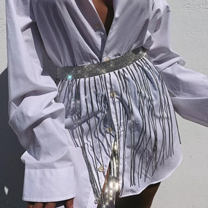 Sparkling silver rhinestone tassel waist chain body jewelry for clubwear and parties
