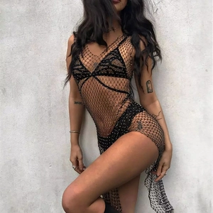 Vestito sexy da spiaggia a rete nera con strass per feste e festival musicali