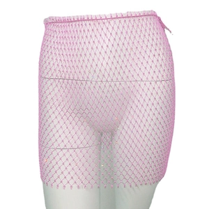 Pink rhinestone fishnet mini skirt with sparkling crystals for beach or club wear