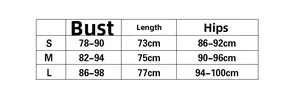Size chart for rhinestone dress including bust, length, and hips for S, M, and L sizes