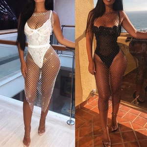 Set vestito a rete con strass sexy con body a taglio alto in stili nero e bianco