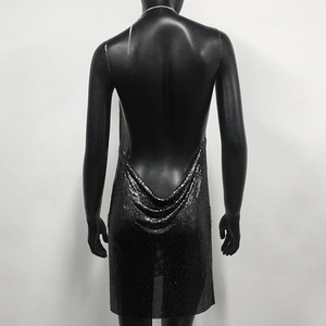 Detail of sexy backless metallic mesh party dress with fine chain straps and sequins