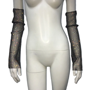 Manchons en maille avec strass brillants pour femmes, longs gants sans doigts pour les soirées