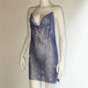 Detail of blue purple metallic mesh mini dress with shimmering sequins and V-neckline