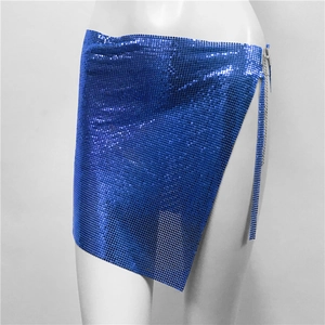 Detail of royal blue sequin chainmail mini skirt with side slit and metal chain link