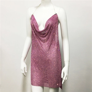 Detail of pink rhinestone metal mesh mini dress with delicate chain straps and cowl neck