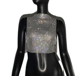 Haut court en maille de strass argentés pour femmes, style débardeur de fête sans manches