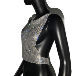 Vue détaillée d'un haut court en maille de strass argentés pour femmes en club