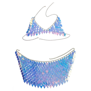 Detail of holographic diamond sequin two-piece body chain set with metallic links
