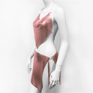 Detail of metallic sequin halter top and side slit mini skirt for party wear