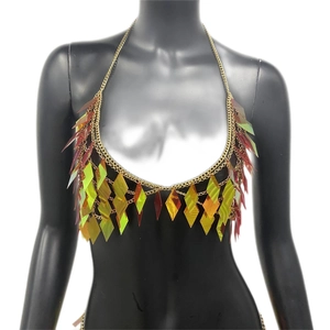 Detail of sequin halter body chain with diamond-shaped iridescent sequins for party wear