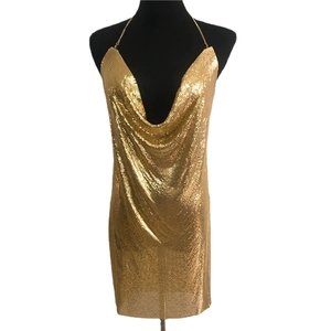 Golden sequin halter neck mini dress with deep V-neck and metallic mesh fringe texture