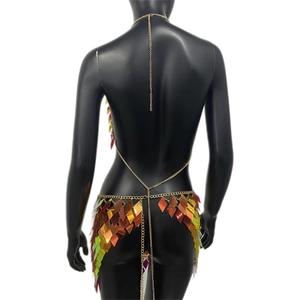 Detailed view of colorful gradient diamond sequins and gold metal chains on body dress