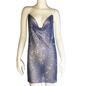 Sexy rhinestone backless party dress with blue-purple metallic sequins and V-neck