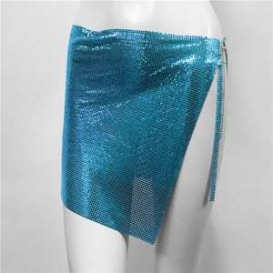 Detail of bright blue metal sequin mini skirt with side slit and chain links for parties