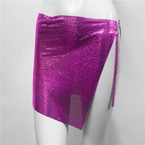Detail of fuchsia metal sequin mesh skirt with asymmetric hem and side chain closure