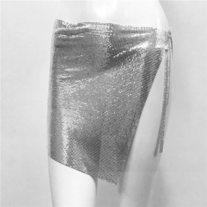 Detail of silver metallic sequin skirt with metal ring connectors and chain closure