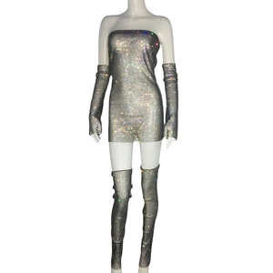 Sexy silver rhinestone bodycon mini dress set with matching sleeves and leg warmers