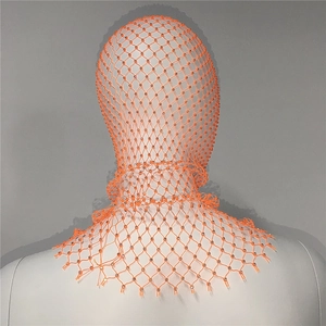 Detail of orange mesh balaclava with sparkling rhinestones on high elasticity fabric