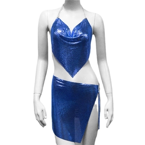 Electric blue metallic sequin two-piece set with halter neck top and side slit mini skirt