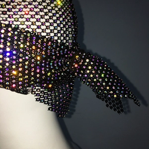 Close-up of sparkling colorful rhinestones on a black mesh party headpiece for women