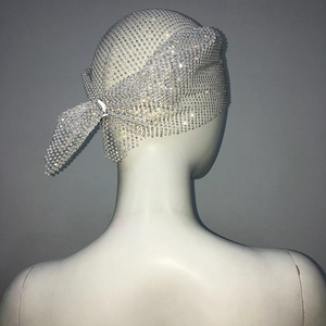 Detail of silver rhinestone mesh headscarf with adjustable tie-back design for parties
