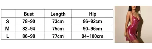 Detailed size chart for the sequin backless mini dress with bust and length measurements