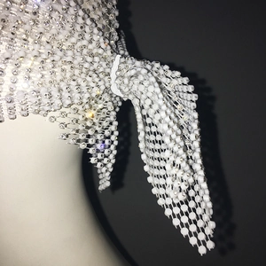 Detailed close-up of glittering rhinestone mesh headpiece and white sequin net texture
