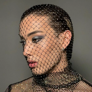 Sparkling rhinestone mesh headpiece and matching top for festive carnival party wear