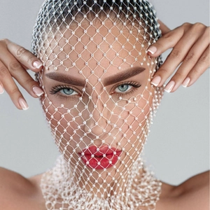 Fashionable white rhinestone fishnet headpiece and mesh mask for festival rave parties